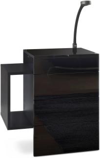Vladon Nachttisch Queens, Nachttischschrank mit 2 Schubladen und 1 seitlichem Fach zur Wandmontage, Schwarz matt/Schwarz Hochglanz, inkl. LED Flexi Lampe schwarz (60 x 63 x 36 cm)