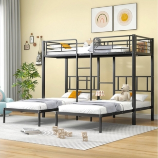 TavilaEcon Etagenbett mit Fallschutzgitter und Leiter für Kinder und Jugendliche, ohne Matratze, 90×200cm*3, schwarz