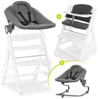 Hauck Hochstuhl Alpha Plus White Newborn Set, Holz Babystuhl ab Geburt inkl. Aufsatz für Neugeborene & Sitzauflage