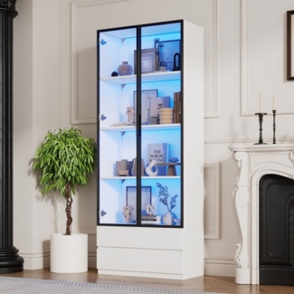 Merax Standvitrine Hochschrank Standregal Vitrinenschrank mit LED-Beleuchtung (1-St, 80x34x200cm) Vitrine mit Glastüren, 2 Schubladen, Aluminiumrahmen & großem Stauraum