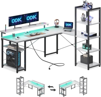 ODK Gamingtisch L Form Gaming Tisch mit Regal, Steckdosen&USB, 155×140cm