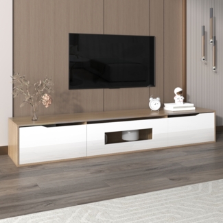 TV-Schrank,mit farbwechselndem LED-Licht,180×30×35 cm,Weiß und Holzfarbe,modernes Design, viel Stauraum