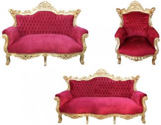 Casa Padrino Barock Wohnzimmer Set Master Bordoaux Rot/ Gold - 3er Sofa+2er Sofa + 1 Sessel