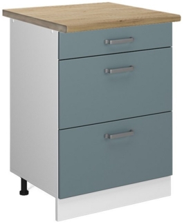 Küchenunterschrank R-Line Blau-Grau 60 cm mit Schubladen, AP Eiche Vicco