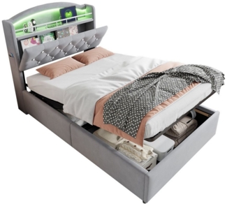 HAUSS SPOLE Kinderbett 90x200 cm Kinderbett mit hydraulischem Stauraum, LED und USB Samt Grau (mit Stauraum, LED-Beleuchtung & USB-Ladeanschluss – Multifunktionsbett aus Samt, inkl. Lattenrost und Ablagefach, für Kinderzimmer 90x200 cm), Ohne Matratze