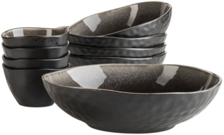 Modernes Schsselset fr 4 Personen in aufregendem Vintage Look, 9-teiliges Schalen Set mit besonderer Glasurkombination in Schwarz und Braun, Steinzeug