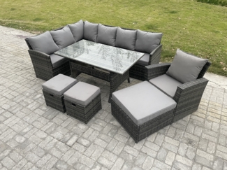 Fimous 10 Sitzer Outdoor Rattan Gartenmöbel-Set mit Rechteckiger Esstisch 3 Hockern Sessel Dunkelgrau gemischt