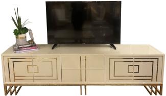 Casa Padrino Luxus TV Schrank Creme / Gold 220 x 45 x H. 60 cm - Edler Fernsehschrank mit 4 Türen und 2 Schubladen - Luxus Wohnzimmer Möbel