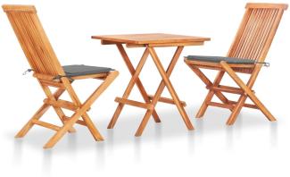 vidaXL 3-tlg. Bistroset mit Grauen Kissen Massivholz Teak 3063226