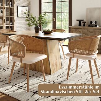 SeedWave Esszimmerstuhl Ergonomische Rattan-Diningstühle mit Armlehnen, Set aus 2, PE-Imitationsrattan, PU-Lederkissen, rutschfeste Bodenschutzpads