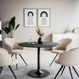 Liadomo Esstisch Gela, Platte rund in Akazie, Marmor, Trompetenfuß, Spider-Gestell in Schwarz