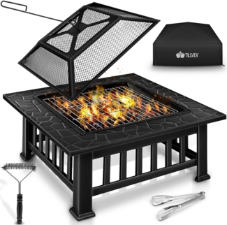 tillvex Feuerschale mit Funkenschutz & Grillrost | Feuerstelle Outdoor für den Garten | 3 in 1 BBQ Grill mit Abdeckung, Schürhaken, Zange & Kohlerost