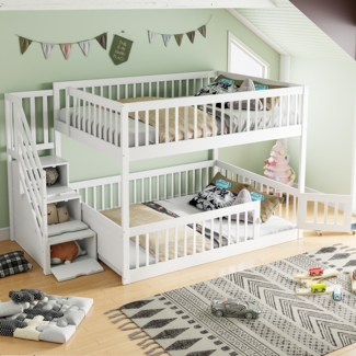 Merax Etagenbett 140 x200cm Kinderbett Doppelbett mit Sicherheitstreppe und Schubladen, weißes Holzeinzelbett mit Stauraumbett für Kinder, Jugendliche