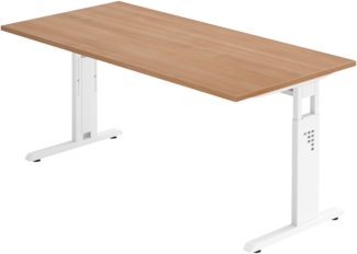bümö höhenverstellbarer Schreibtisch O-Serie 160x80 cm in Nussbaum, Gestell in weiß - PC Tisch für's Büro manuell höhenverstellbar, Computertisch verstellbar, OS-16-N-W