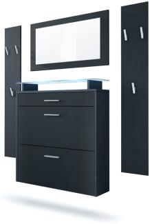 Vladon Garderobe Malea, Garderobenset bestehend aus 1 Hängeschuhschrank, 1 Wandspiegel und 2 Garderobenpaneele, Anthrazit matt/Schwarz matt, inkl. LED-Beleuchtung blau