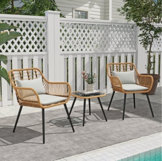 JOIVI Balkonset Bistro-Set, Gartenmöbel-Set, Balkonmöbel-Set für 2 Personen, (aus handgewebten Rattan, Beistelltisch mit Glastischplatte), 2er Korbsessel für Balkon, Garten Beige Rattan & Weiß Kissen