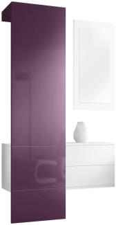 Vladon Garderobe Carlton Set 2, Garderobenset bestehend aus 1 Garderobenpaneel, 1 Schubkastenschrank und 1 Wandspiegel, Weiß matt/Brombeer Hochglanz (105 x 193 x 35 cm)