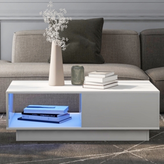 Couchtisch 95x55x32 cm Weiß Hochglanz, moderner Sofatisch mit LED-Licht 15 Farben, USB-betrieben, rechteckiger Wohnzimmertisch