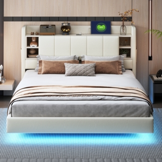 Polsterbett 160x200 cm mit LED-Leiste, USB, Stauraum & schwebendem Design, Beige (ohne Matratze)