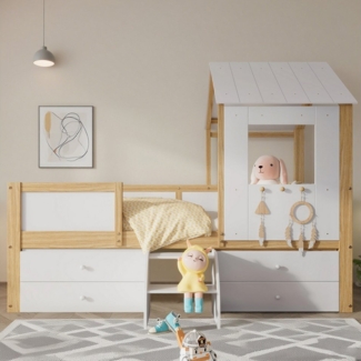 MODFU Kinderbett mit Dach & Fenster (Einzelbett mit Stauraum, 4 Schubladen, kleine Treppe und Seitengittern, Halbhohes Holzbett 90x200 cm), ohne Matratze