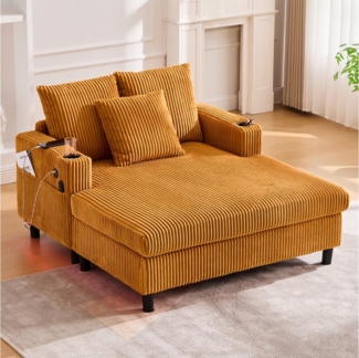 KLAM HOME Loungesofa Premium Chaiselongue mit praktischen Getränkehaltern & USB-Anschlüssen, Integrierte LED-Beleuchtung für Wohlfühlatmosphäre, für Wohnzimmer, Schlafzimmer und Wintergärten