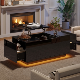 Couchtisch mit Hebeplatte, höhenverstellbar ausziehbar, Lift-Top-Tisch, Wohnzimmertisch mit 2 Schubladen, Sofatisch mit LED, Multifunktionaler Lift-up-Kaffeetisch, Schwarz, 95 x 48 x 40cm