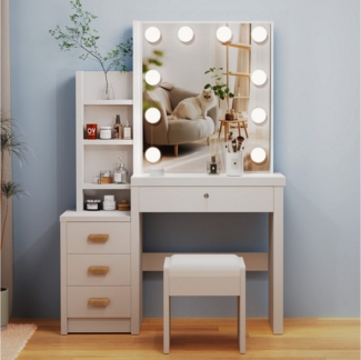 oyajia Schminktisch Frisierkommode mit Hocker, Frisiertisch Spiegel mit LED Beleuchtung (Make-up Tisch mit 4 Schubladen und 4 offene Ablagen), Frisiertisch Kosmetiktisch Hollywood mit LED-Beleuchtung aus Holz,Weiß