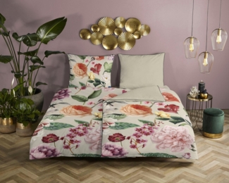 Descanso Mako Satin Bettwäsche 2 teilig Bettbezug 155x220 cm Kissenbezug 80x80 cm Fiori Sand