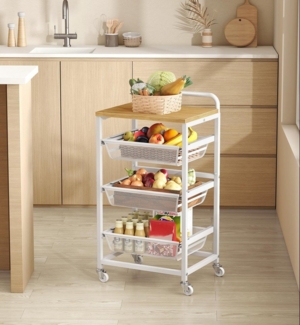 VASAGLE Servierwagen mit 4 Ebenen, Rollwagen mit herausziehbaren Körben, auf Rollen, 31,7 x 40 x 76 cm, goldeichenfarben-mattweiß