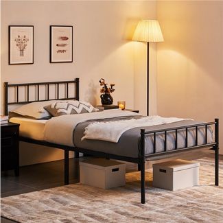 Yaheetech Metallbett mit Kopf- und Fußteil & Lattenrost, bis 136 kg, Schwarz, 90x200 cm