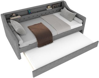 Schlafsofa mit LED-Streifen, Lattenrost und 2 Schubladen, 90x200cm, Polsterbett, Einzelbett, Jugendbett, Leinenbezug