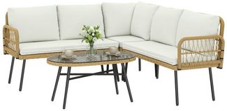 Outsunny Gartenlounge-Set mit Ecksofa, Zweisitzersofa, Glastisch, abnehmbar Kissen, (Lounge Set, 4-tlg, Gartenmöbel Set), für Garten Terrasse Balkon Cremeweiß