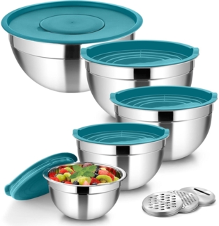 Homikit 5er Edelstahl Rührschüssel Set Luftdicht Deckel 3 Reibenaufsätzen 4,6L