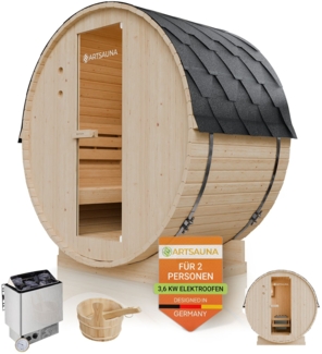 Artsauna Outdoor Fasssauna Spitzbergen 120 für 2 Personen - 3,6 kW Ofen, Saunasteine & Zubehör - Saunafass aus Fichtenholz - Außensauna Gartensauna