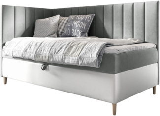 MEBLINI Kinderbett mit Bettkasten MAYA 3 90x200 Links – H3/Grau Samt Gepolstert Einzelbett mit Matratze - Polsterbett mit Stauraum - Bett mit Kopfteil – Stauraumbett