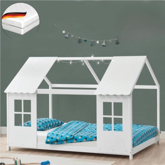 DELUKE® Kinderbett 90x200 GELO - mit Matratze Lattenrost Rausfallschutz Haus-OptikEinzelbett aus Holz Hausbett Kinderzimmer Montessori Bett Weiß