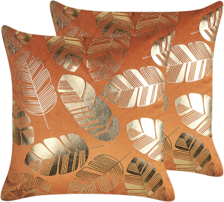 Kissen 2er Set Pflanzenmuster SUNFLOWER Samtstoff 45 x 45 cm Orange