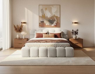 yourhouse24 Polsterbett Boston Slim Bouclé kompaktes Wolkenbett mit Bettkasten, Bubble-Optik & Japandi