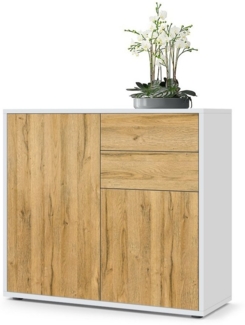 Vladon Sideboard Ben, Kommode mit 2 Türen und 2 Schubladen, Weiß matt/Eiche Natur (79 x 74 x 36 cm)