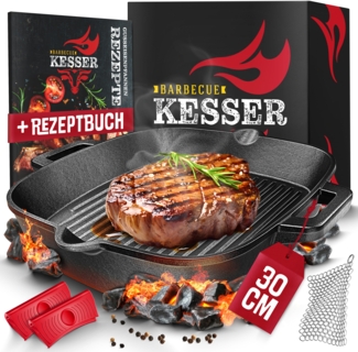 KESSER® Gusseisenpfanne | Gusseisen Bratpfanne Induktion | Cast Iron Pan für Gasgrill, Backofen, Kohlegrill | Steakpfanne voreingebrannt | Inkl. Schutzgriffe, Rezeptbuch und Ringreiniger Grillpfanne, 30 cm