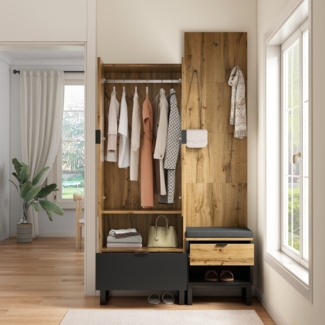 Garderobenset mit Schuhbank 2-türiger Kleiderschrank mit Schubladen und Haken Flurmöbel Holz Schwarz Grau Eingangsbereich Möbel