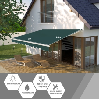 Markise mit kurbel Einziehbare Markise Aluminium Terrassen Sonnenschutz 3 x 2,5 m-Grün