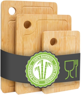 3er Set Bambus Schneidebrett - 33x22cm Antibakterielles Holzbrett mit Saftrille