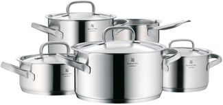 WMF Gourmet Plus Topfset Induktion 5-teilig, Kochtopf Set mit Metalldeckel, Cromargan Edelstahl mattiert, Induktions Töpfe Set unbeschichtet, Innenskalierung
