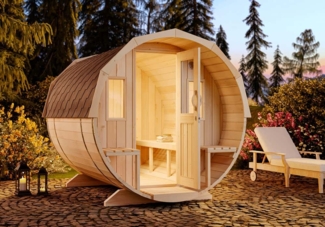 FinnTherm Fass-Sauna Sam mit 2 Sitzbänken, 40 mm Wandstärke, Außensauna, mit Montagematerial (B x T x H): 220 x 280 x 228 cm Ausführung: Premium-Thermoholz, ohne Ofen