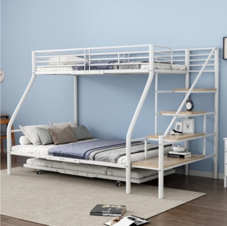 Flieks Etagenbett, Dreierbett Metallbett 90x200 cm+140x200 cm mit Ausziehbett 90x190 cm