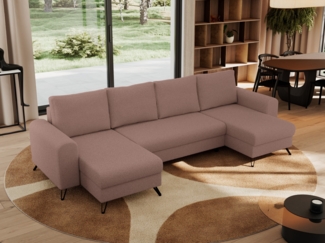 U-förmige Ecksofa, XXL Universalecke mit losen Kissen zum Wohnzimmer, Bettkästen und Schlaffunktion, schwarze Metallbeine - AXEL U - Rosa Boucle