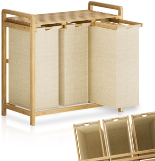 Juskys Bambus Wäschekorb Kory 3er Beige - Wäschesammler mit herausnehmbaren Fächern je 40 L - Wäschetrenner & Sortiersystem, Schmutzwäschebehälter