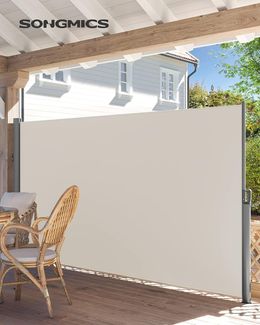 SONGMICS Seitenmarkise, ausziehbar, 1,6 x 3,5 m (H x L), für Balkon, Terrasse und Garten, mit Bodenhalterung, Sichtschutz, Sonnenschutz, Seitenrollo, beige GSA165E