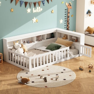 Kinderbett mit Lattenrost und Zaun (90x200 cm), Rausfallschutz, Stauraum, Mehrfachsteckdose, Einzelbett, Jugendbett, Kiefer